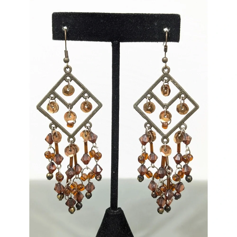Boho Western Bronze Tone Brown Chandelier Dangle Long Earrings Festival‎